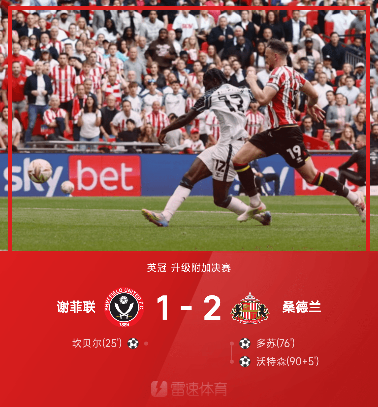 ⚽英冠战报：沃特森读秒绝杀，桑德兰2-1逆转胜谢菲联，成功重返英超